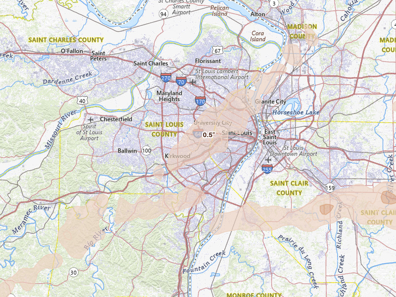 Radar-estimated hail-size map of the storm over Saint Louis, MO on Apr 26, 2026
