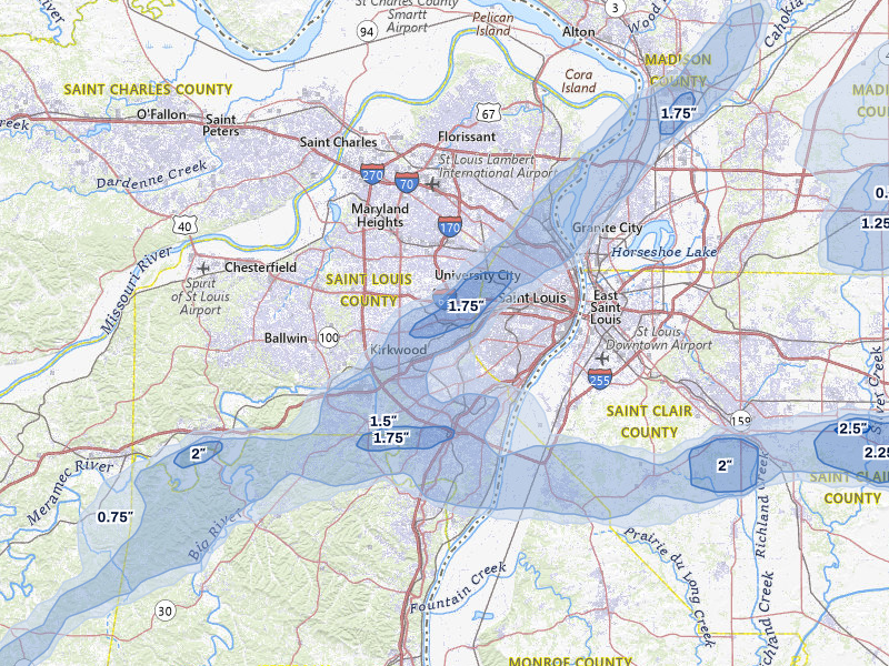 NEXRAD radar-signature map of the hail over Saint Louis, MO