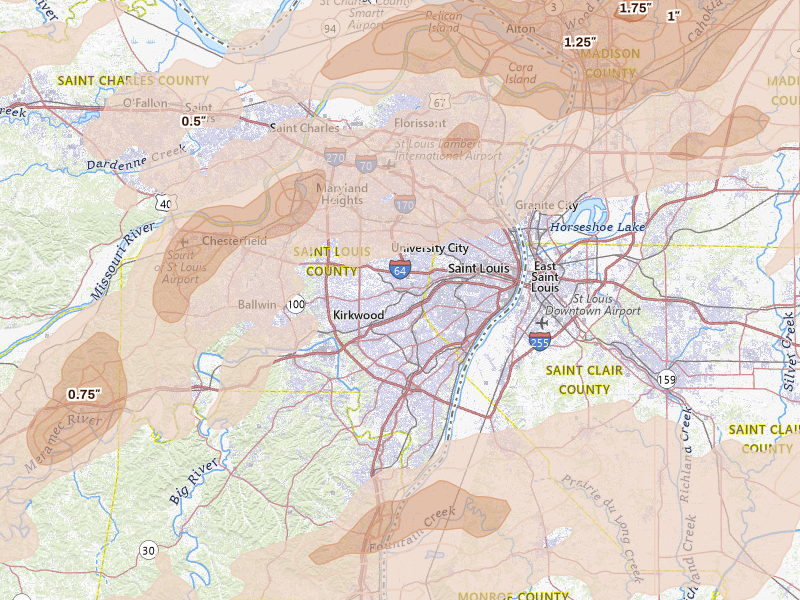 Radar-estimated hail-size map of the storm over Saint Louis, MO on Apr 27, 2026
