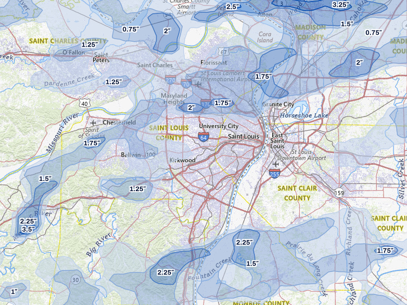 NEXRAD radar-signature map of the hail over Saint Louis, MO