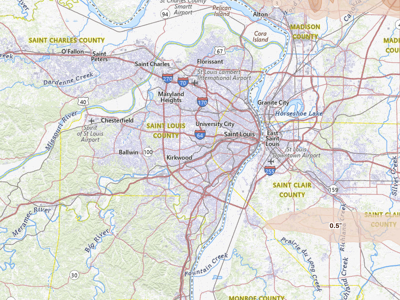 Radar-estimated hail-size map of the storm over Saint Louis, MO on May 4, 2026
