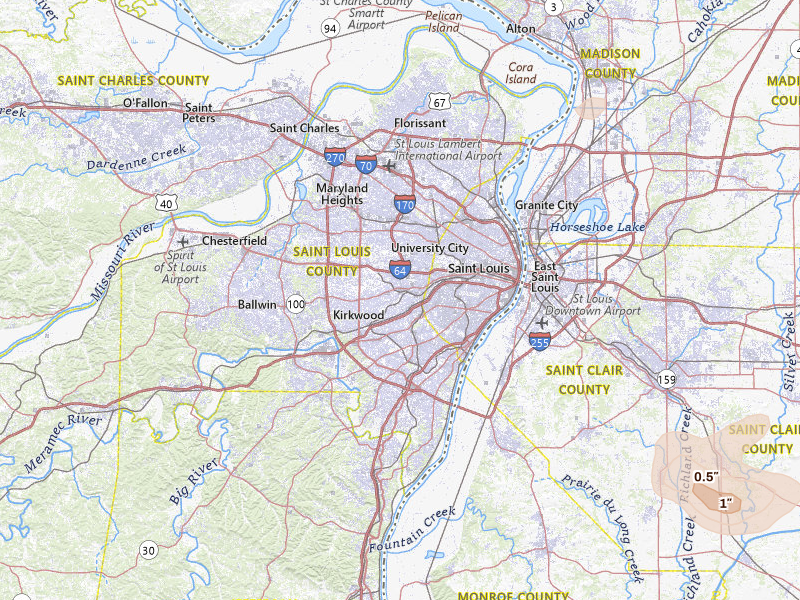 Radar-estimated hail-size map of the storm over Saint Louis, MO on May 16, 2026