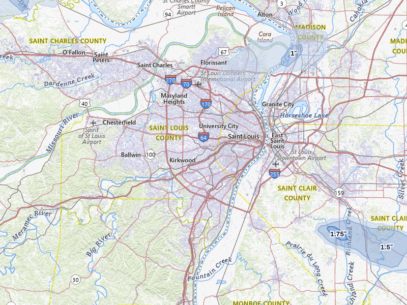 NEXRAD radar-signature map of the hail storm over Saint Louis, MO on May 16, 2026