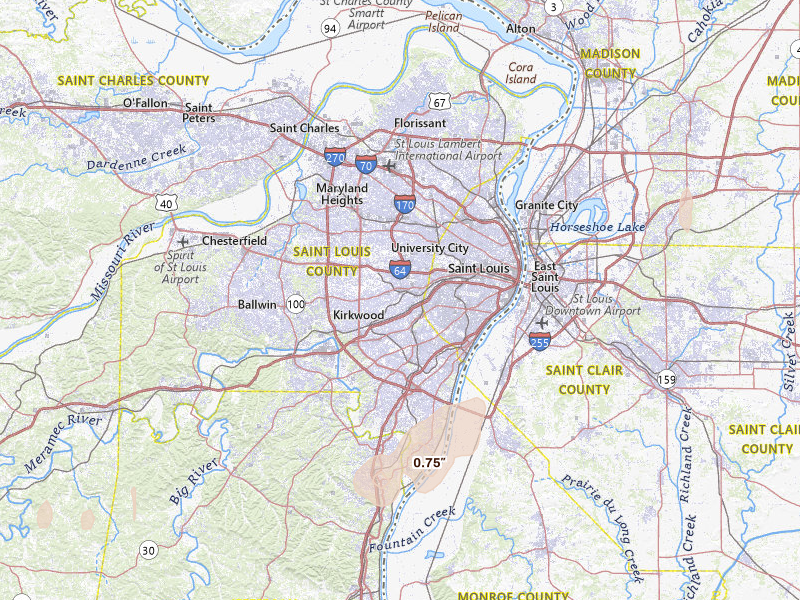 Radar-estimated hail-size map of the storm over Saint Louis, MO on May 18, 2026