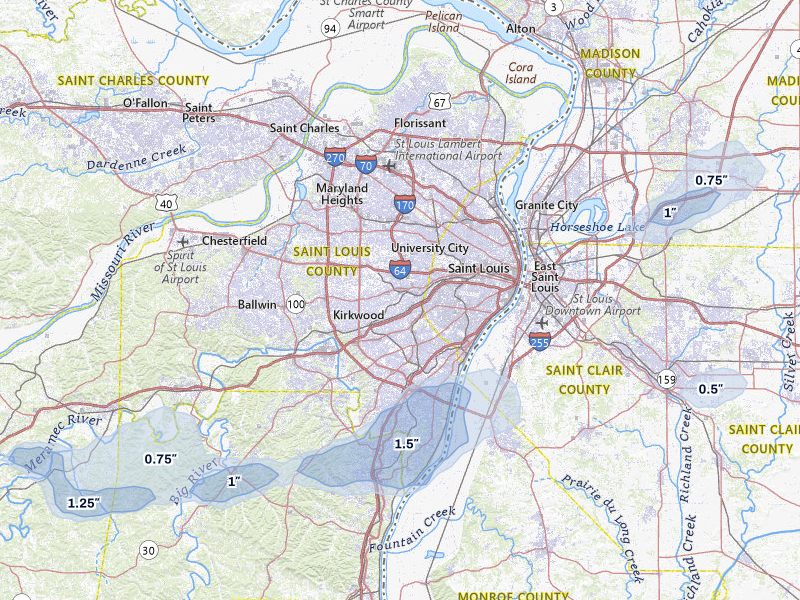 NEXRAD radar-signature map of the hail storm over Saint Louis, MO on May 18, 2026