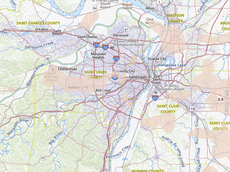 Radar-estimated hail-size map of the storm over Saint Louis, MO on May 31, 2026