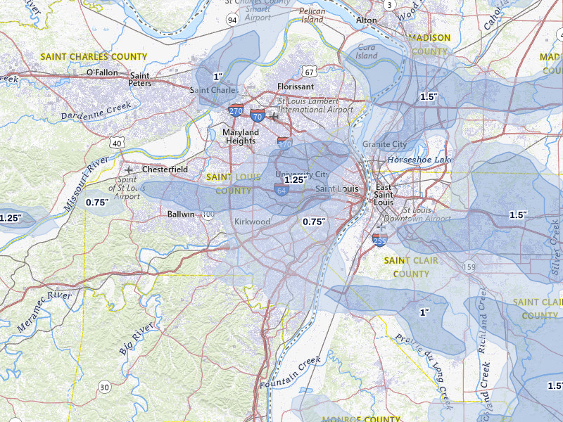 NEXRAD radar-signature map of the hail storm over Saint Louis, MO on May 31, 2026