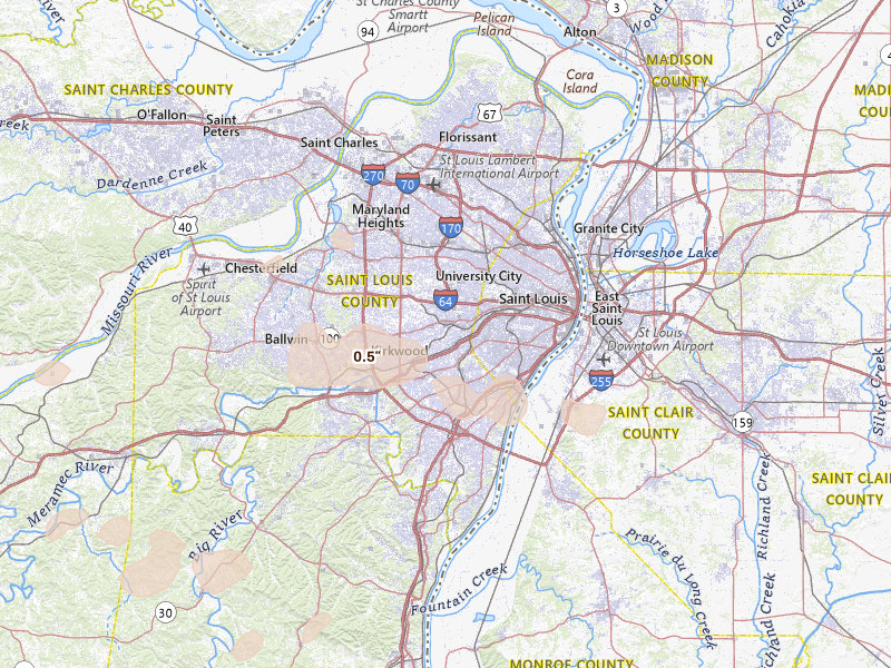 Radar-estimated hail-size map of the storm over Saint Louis, MO on Jun 11, 2026