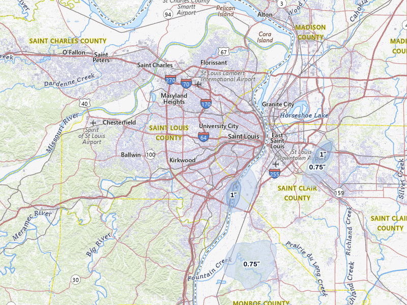 NEXRAD radar-signature map of the hail storm over Saint Louis, MO on Jul 3, 2026