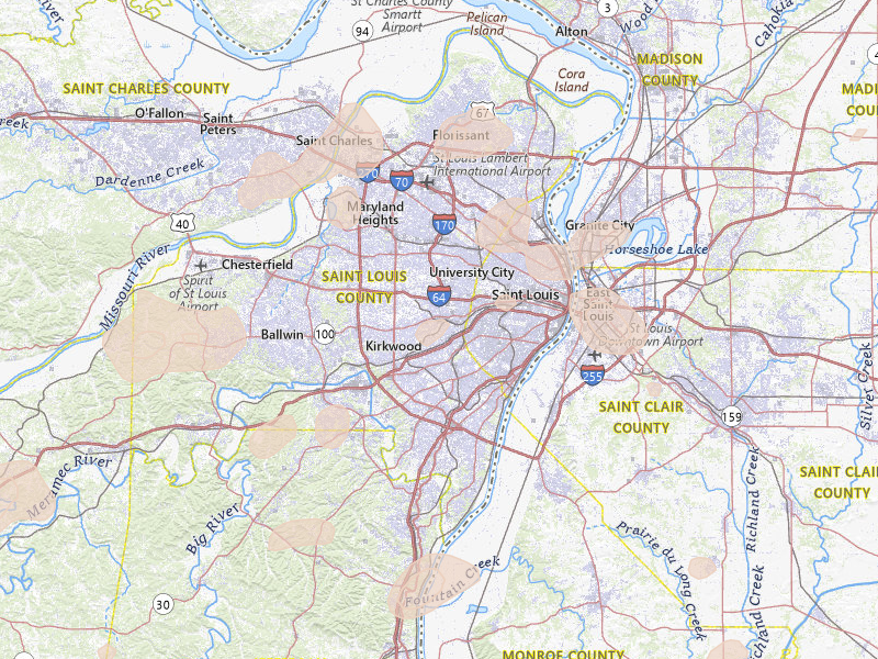 Radar-estimated hail-size map of the storm over Saint Louis, MO on Jul 4, 2026