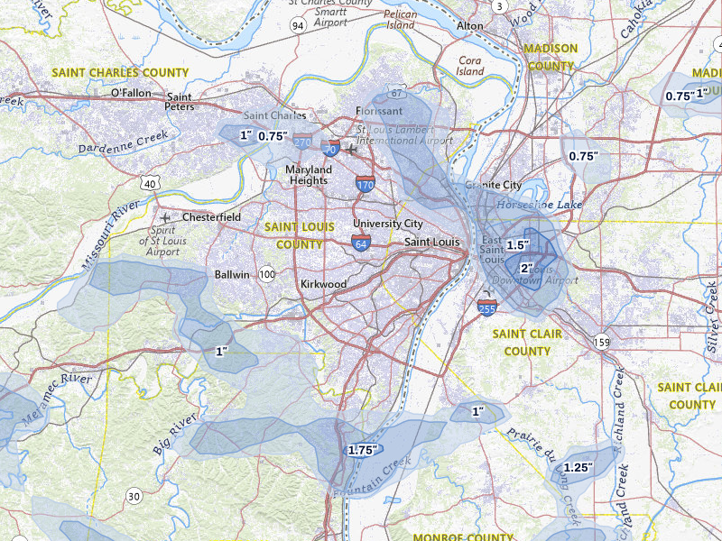 NEXRAD radar-signature map of the hail over Saint Louis, MO
