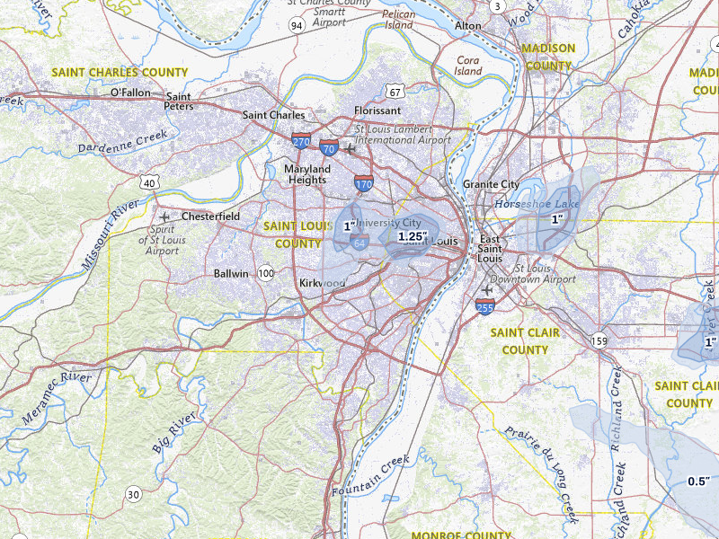 NEXRAD radar-signature map of the hail storm over Saint Louis, MO on Jul 8, 2026
