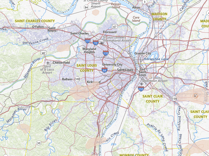 Radar-estimated hail-size map of the storm over Saint Louis, MO on Jul 10, 2026