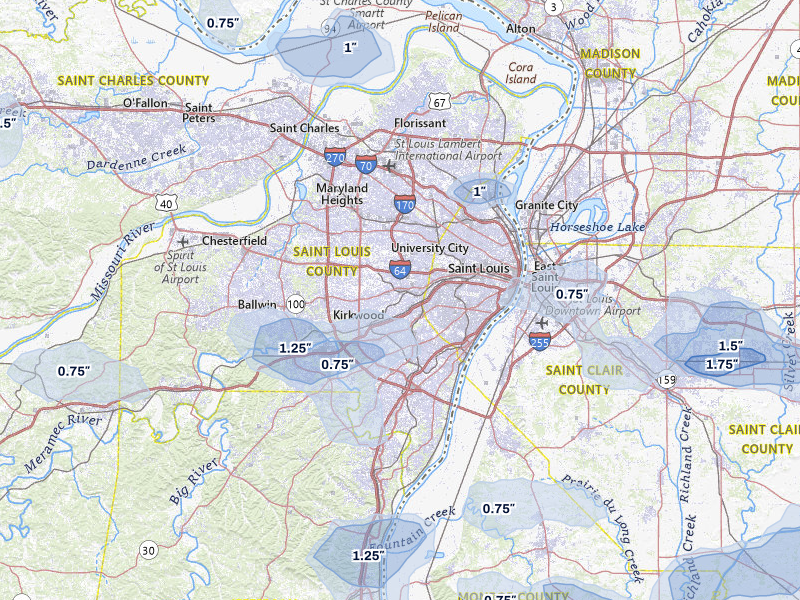 NEXRAD radar-signature map of the hail storm over Saint Louis, MO on Jul 10, 2026