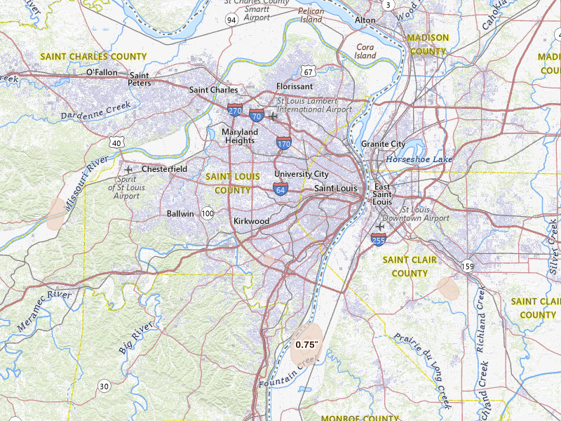 Radar-estimated hail-size map of the storm over Saint Louis, MO on Jul 19, 2026