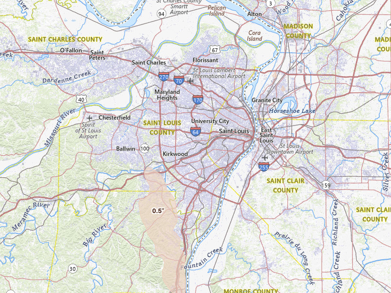 Radar-estimated hail-size map of the storm over Saint Louis, MO on Jul 27, 2026