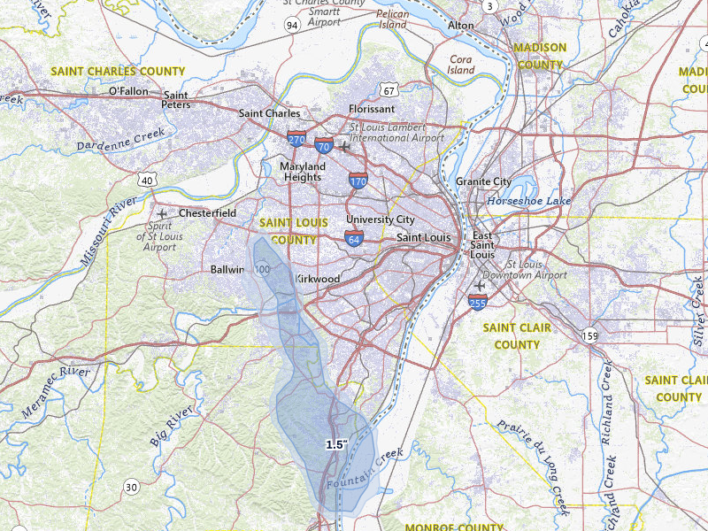 NEXRAD radar-signature map of the hail storm over Saint Louis, MO on Jul 27, 2026