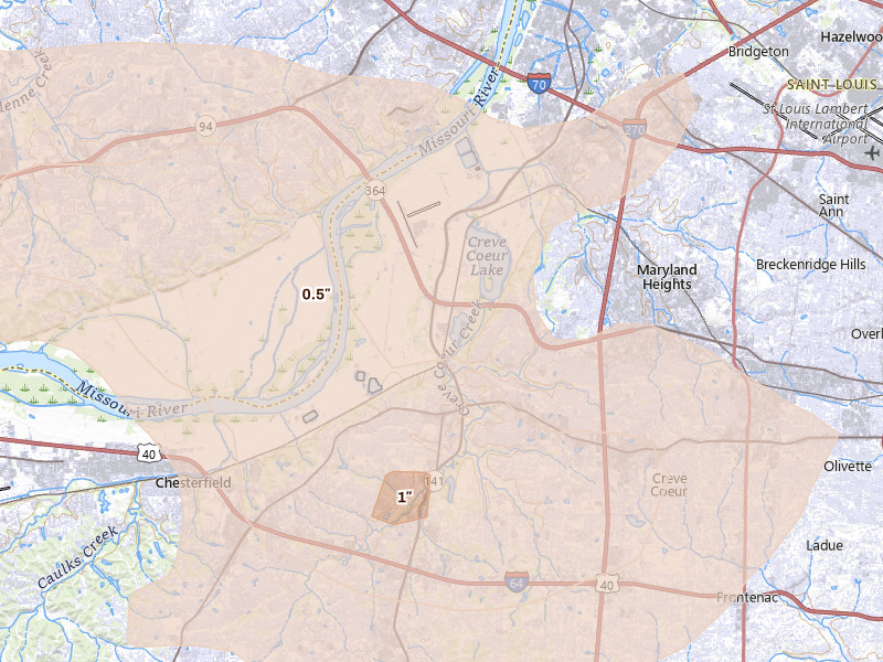 Radar-estimated hail-size map of the storm over Saint Louis, MO on Aug 16, 2026