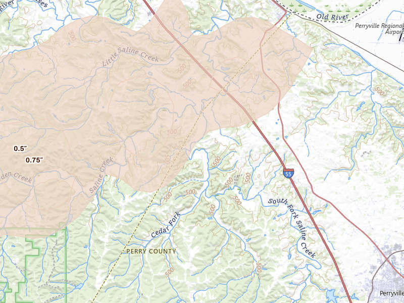 Radar-estimated hail-size map of the storm over Saint Mary, MO on Apr 26, 2026