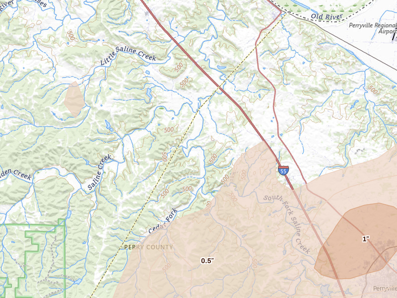 Radar-estimated hail-size map of the storm over Saint Mary, MO on Apr 27, 2026