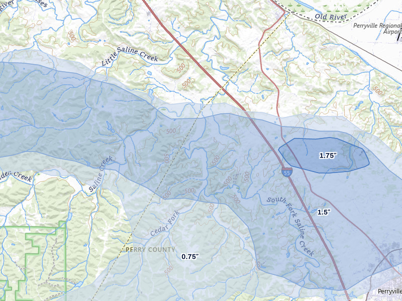 NEXRAD radar-signature map of the hail over Saint Mary, MO