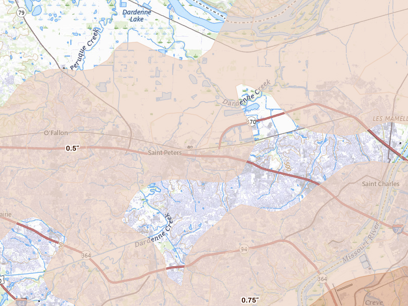 Radar-estimated hail-size map of the storm over Saint Peters, MO on Apr 27, 2026
