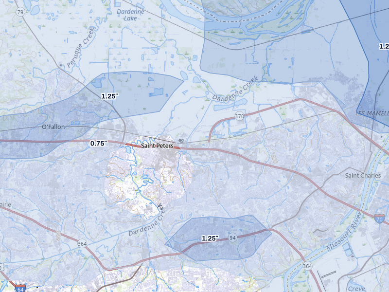 NEXRAD radar-signature map of the hail over Saint Peters, MO