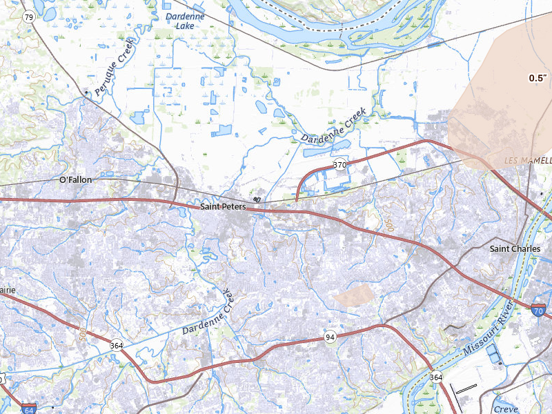 Radar-estimated hail-size map of the storm over Saint Peters, MO on May 31, 2026