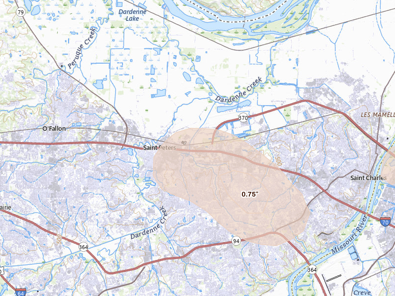Radar-estimated hail-size map of the storm over Saint Peters, MO on Jun 25, 2026