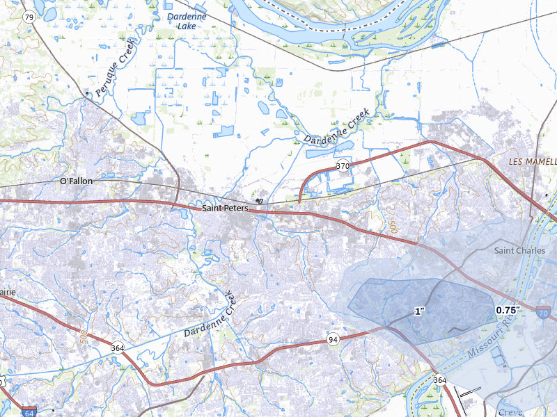 NEXRAD radar-signature map of the hail over Saint Peters, MO
