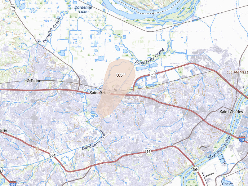 Radar-estimated hail-size map of the storm over Saint Peters, MO on Jul 5, 2026