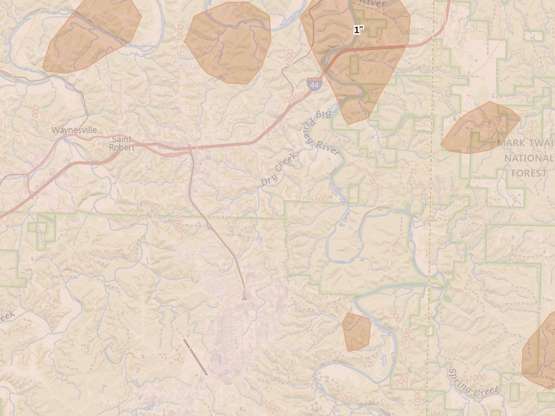 Radar-estimated hail-size map of the storm over Saint Robert, MO on Apr 26, 2026