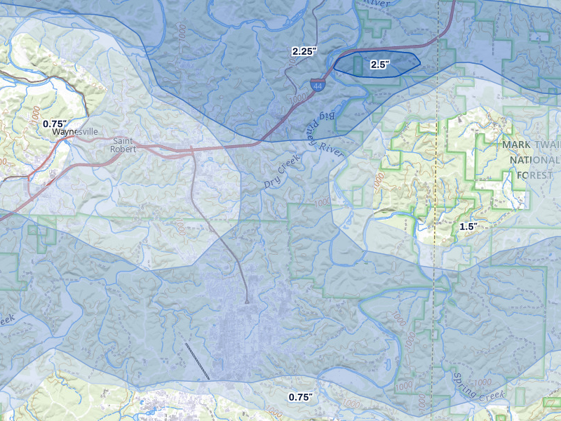 NEXRAD radar-signature map of the hail storm over Saint Robert, MO on Apr 26, 2026