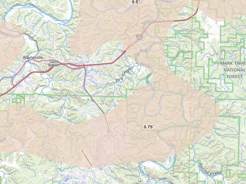 Radar-estimated hail-size map of the storm over Saint Robert, MO on May 31, 2026