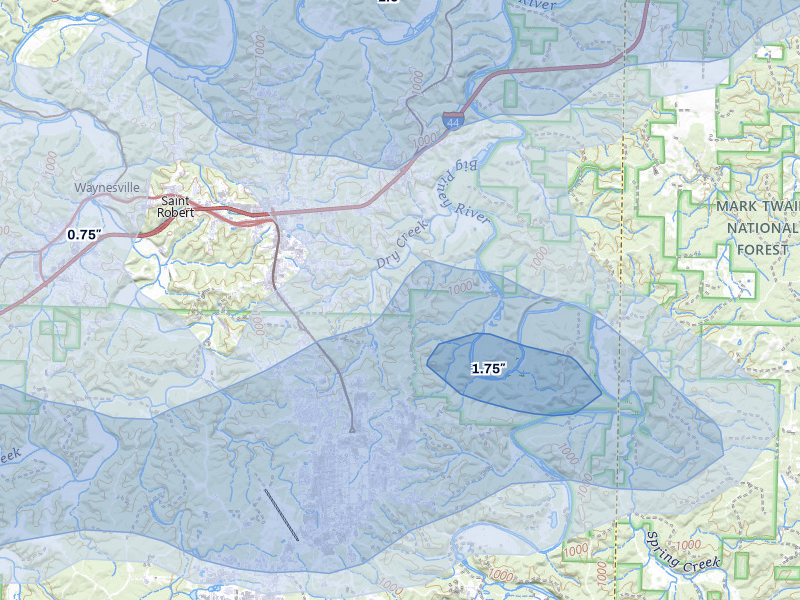 NEXRAD radar-signature map of the hail storm over Saint Robert, MO on May 31, 2026