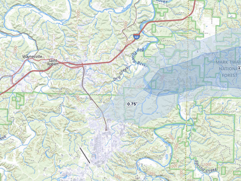 NEXRAD radar-signature map of the hail storm over Saint Robert, MO on Jul 10, 2026