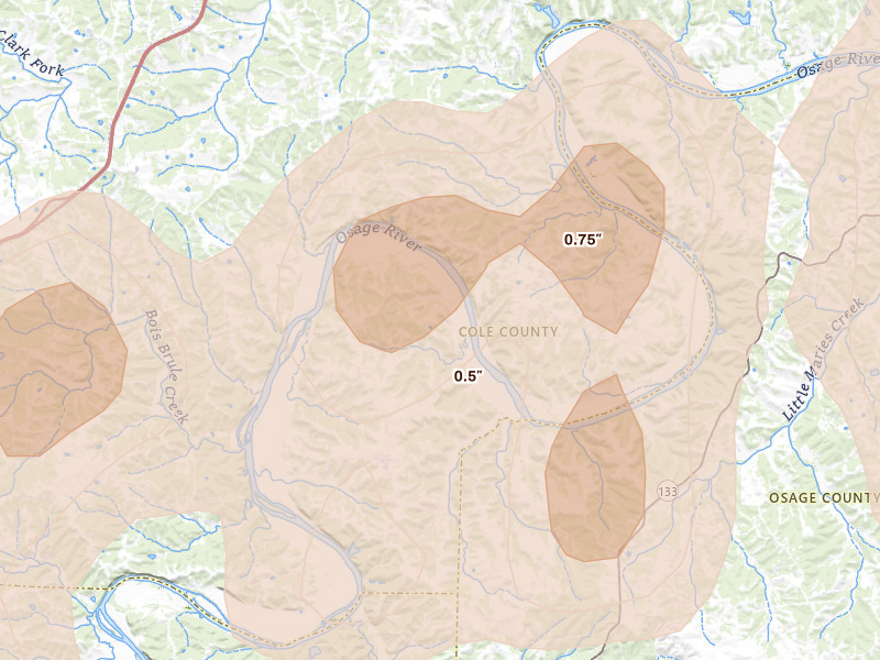 Radar-estimated hail-size map of the storm over Saint Thomas, MO on Apr 27, 2026