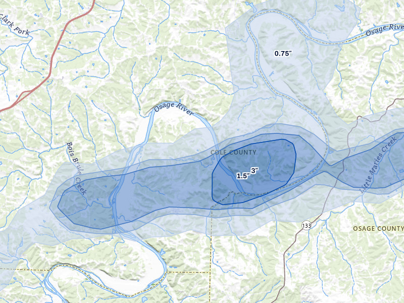 NEXRAD radar-signature map of the hail over Saint Thomas, MO