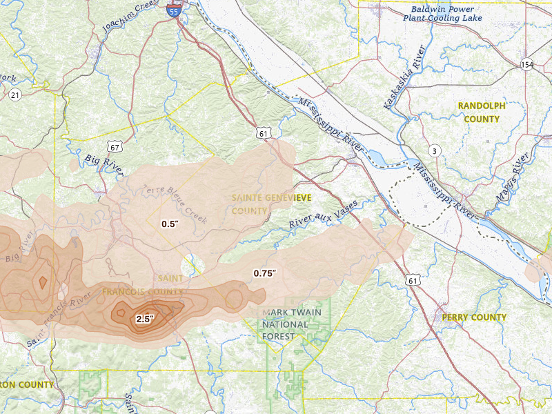 Radar-estimated hail-size map of the storm over Sainte Genevieve, MO on Apr 26, 2026