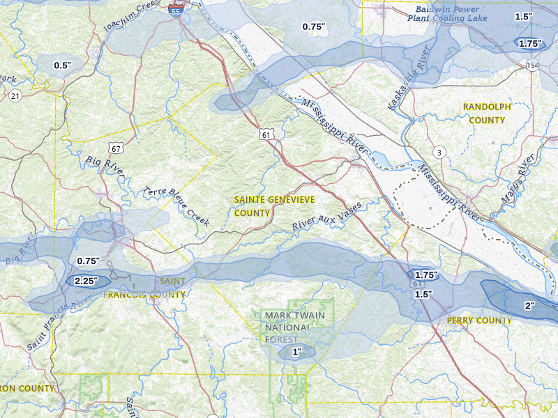 NEXRAD radar-signature map of the hail over Sainte Genevieve, MO