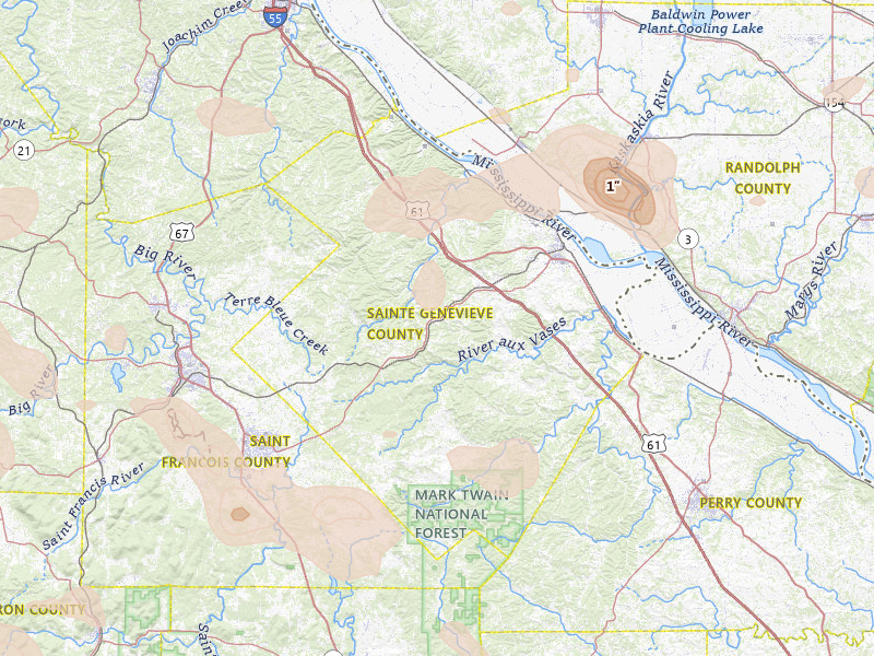 Radar-estimated hail-size map of the storm over Sainte Genevieve, MO on May 31, 2026