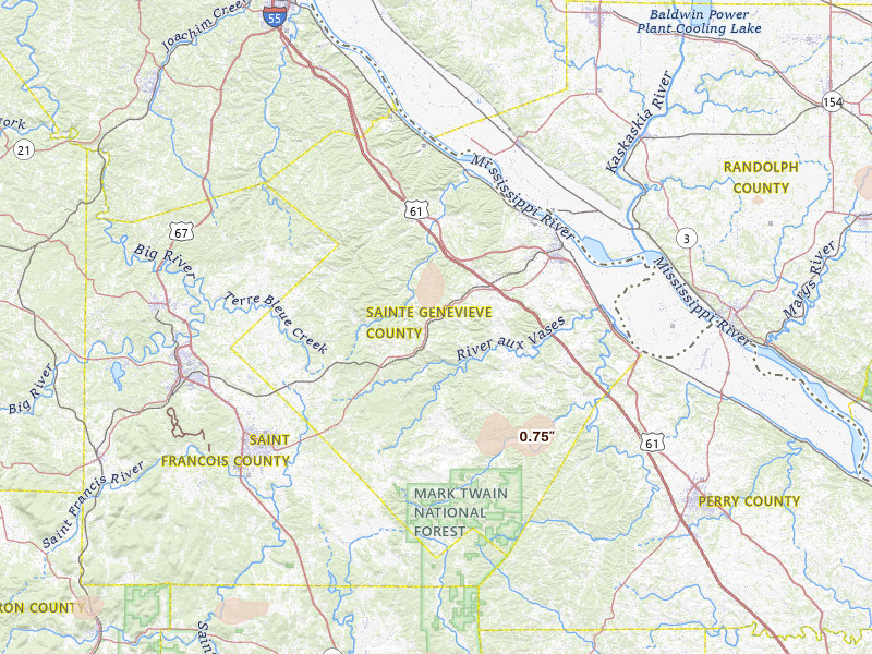 Radar-estimated hail-size map of the storm over Sainte Genevieve, MO on Jun 1, 2026