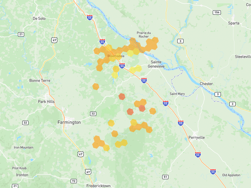 Hail map of Sainte Genevieve, MO on Jun 1, 2026, hail up to 1.75"