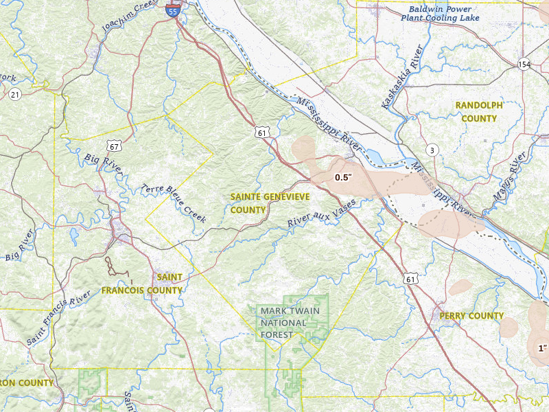 Radar-estimated hail-size map of the storm over Sainte Genevieve, MO on Jun 11, 2026
