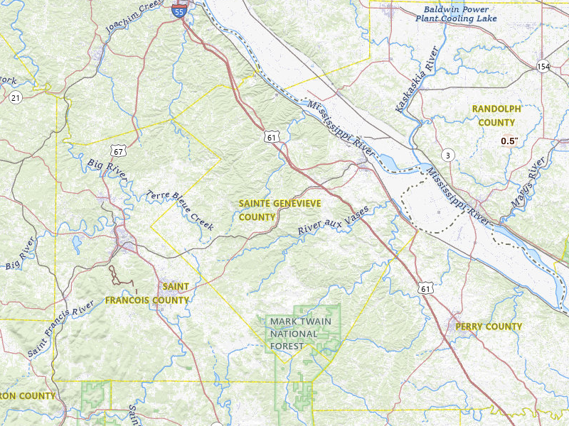 Radar-estimated hail-size map of the storm over Sainte Genevieve, MO on Jul 8, 2026