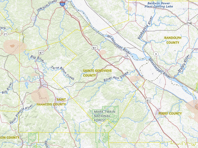 Radar-estimated hail-size map of the storm over Sainte Genevieve, MO on Jul 9, 2026