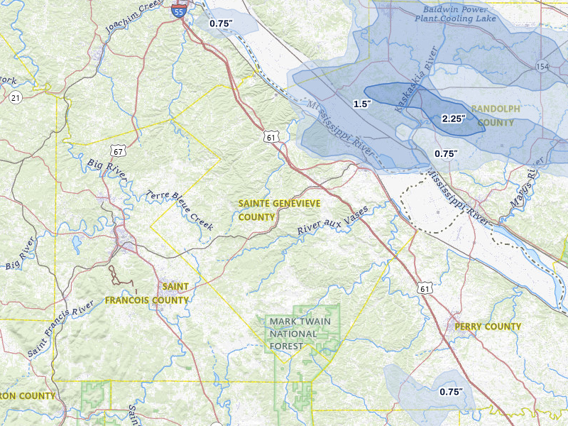 NEXRAD radar-signature map of the hail storm over Sainte Genevieve, MO on Jul 10, 2026