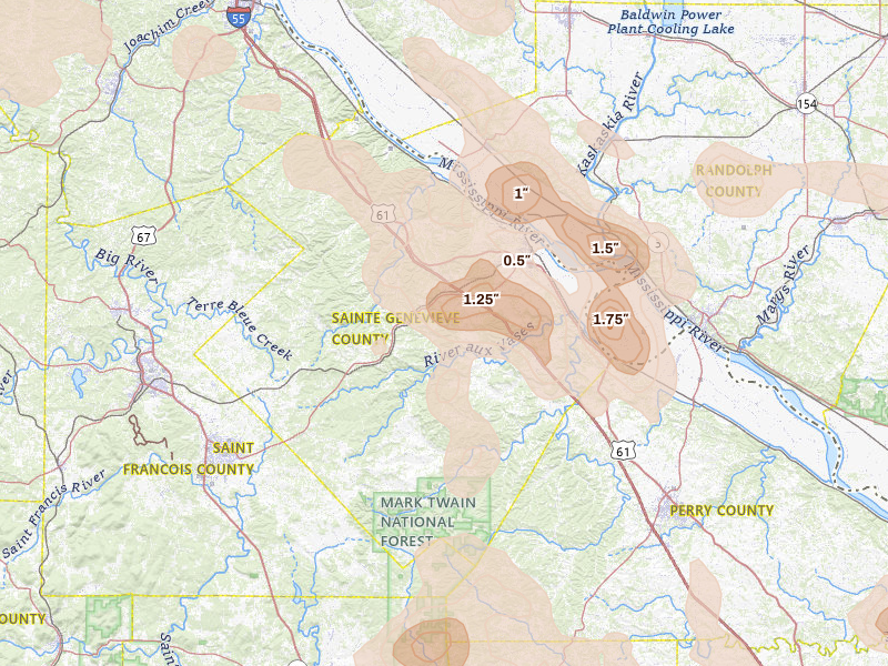 Radar-estimated hail-size map of the storm over Sainte Genevieve, MO on Aug 12, 2026