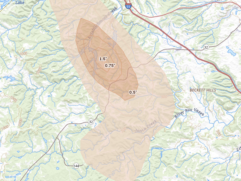 Radar-estimated hail-size map of the storm over Sainte Genevieve, MO on Aug 25, 2026