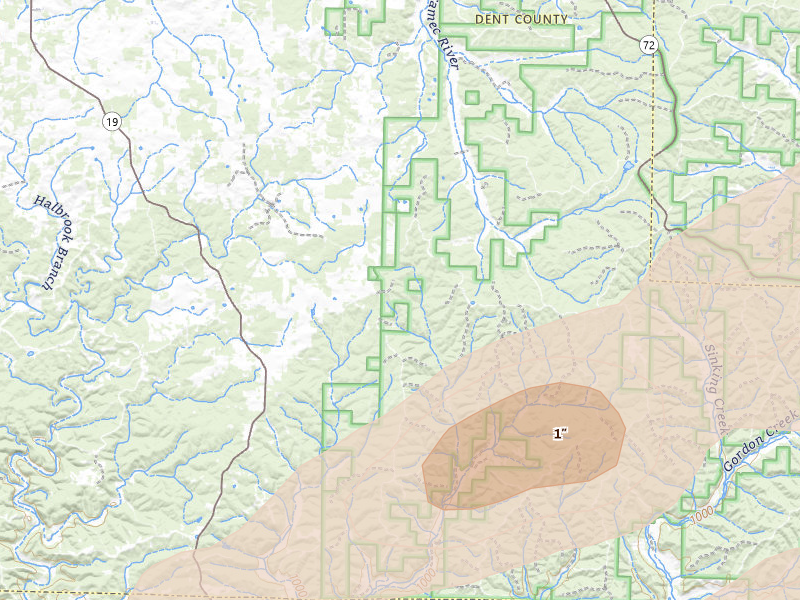 Radar-estimated hail-size map of the storm over Salem, MO on Apr 16, 2026